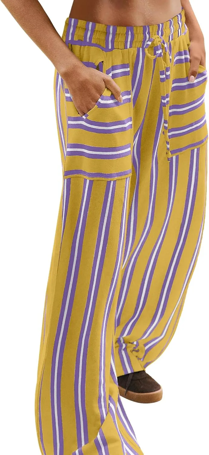 LAMISSCHE Womens Oversized Striped Wide Leg Pants High Waisted Lounge Pants Beach Trousers with Pockets