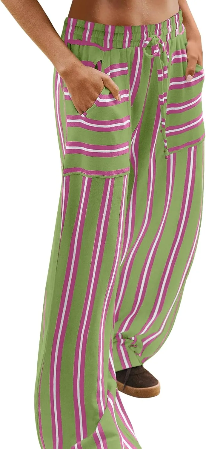 LAMISSCHE Womens Oversized Striped Wide Leg Pants High Waisted Lounge Pants Beach Trousers with Pockets