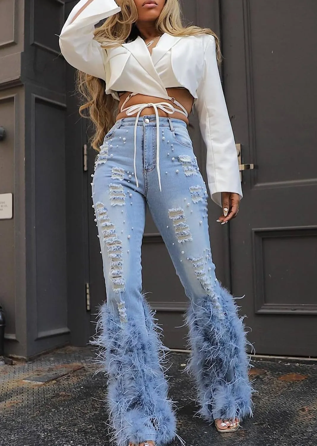 LETSVDO Women's Flare Ripped Pearl Jeans High Waist Distressed Feather Bell Bottom Stretchy Denim Pants