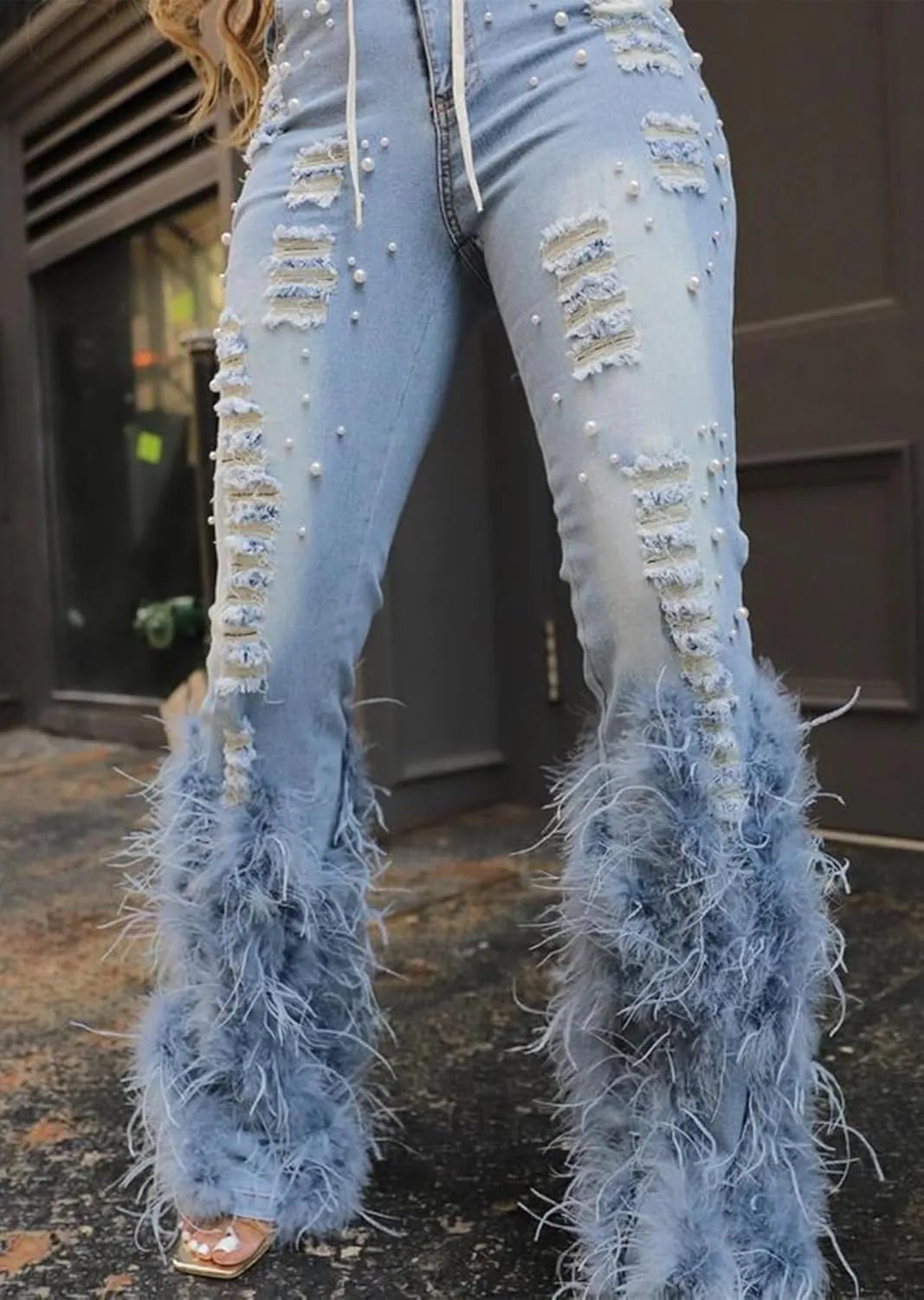 LETSVDO Women's Flare Ripped Pearl Jeans High Waist Distressed Feather Bell Bottom Stretchy Denim Pants