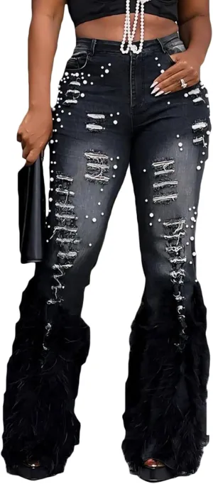 LETSVDO Women's Flare Ripped Pearl Jeans High Waist Distressed Feather Bell Bottom Stretchy Denim Pants