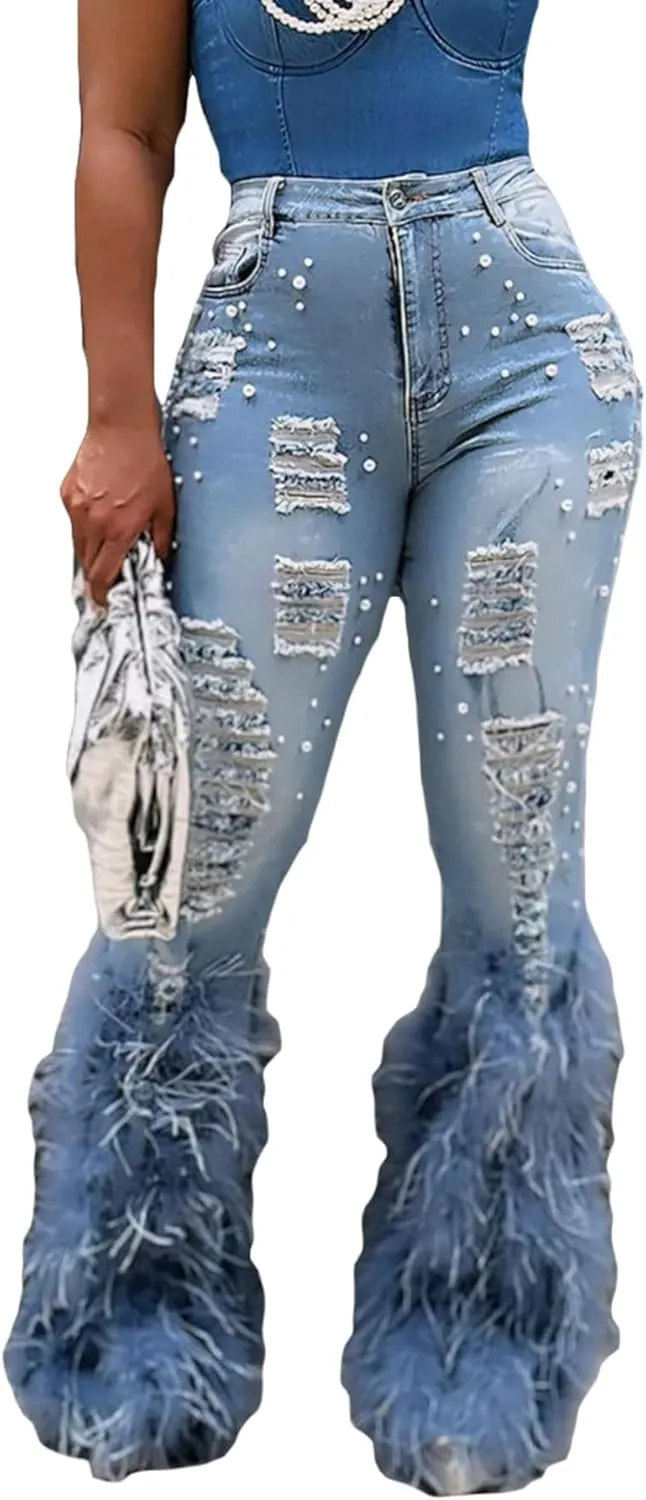 LETSVDO Women's Flare Ripped Pearl Jeans High Waist Distressed Feather Bell Bottom Stretchy Denim Pants