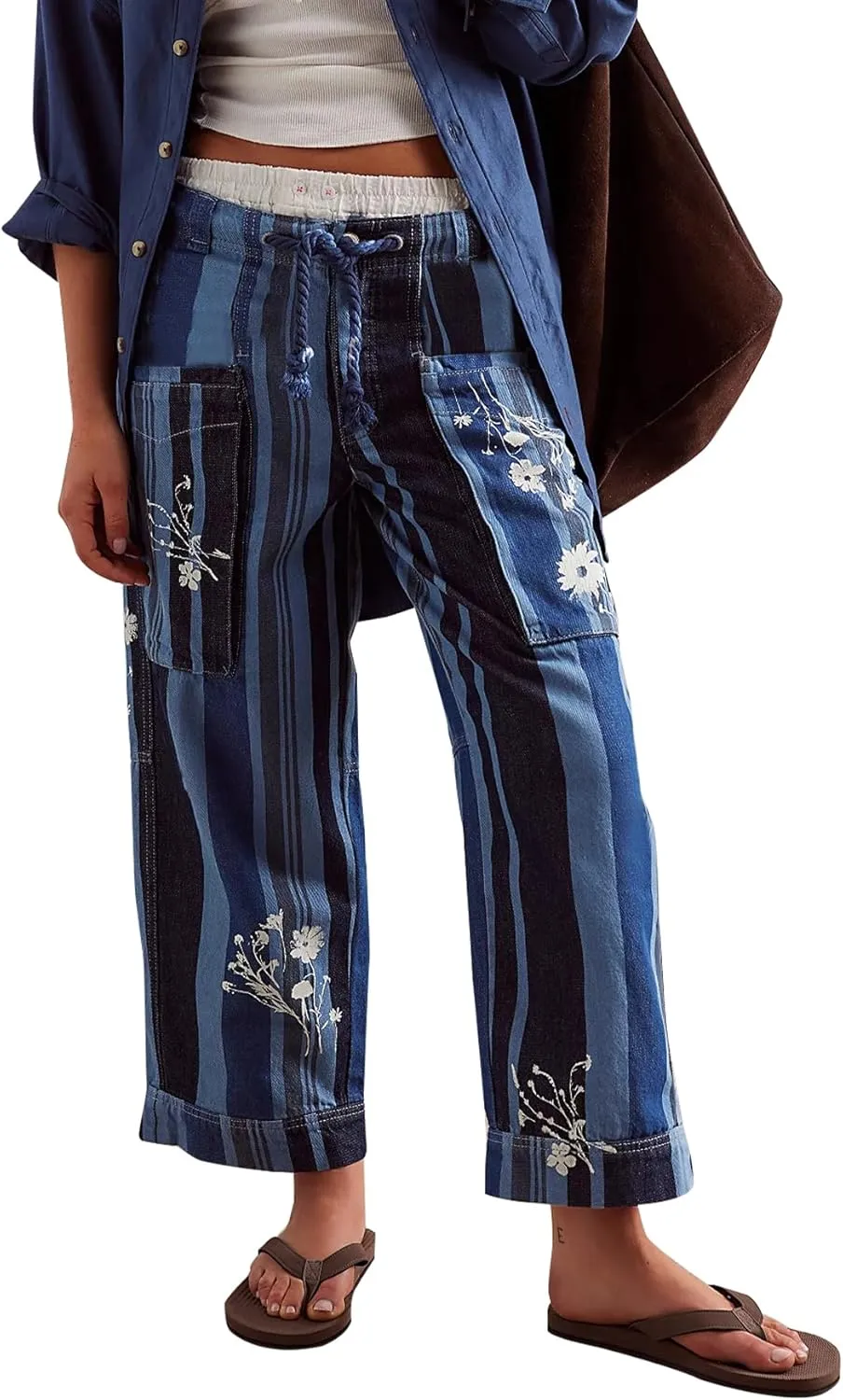 LifeShe Striped Pants Women Floral Printed Wide Straight Leg Lounge Pant Mid Rise Drawstring Cropped Trousers