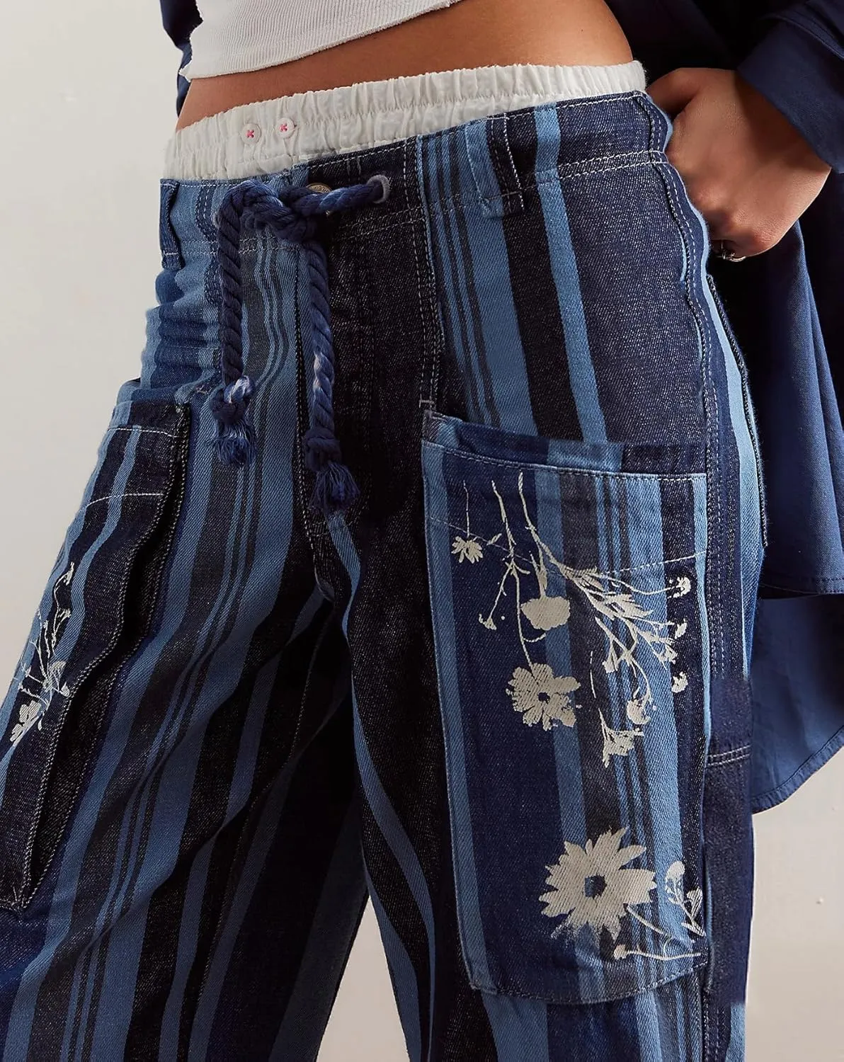 LifeShe Striped Pants Women Floral Printed Wide Straight Leg Lounge Pant Mid Rise Drawstring Cropped Trousers