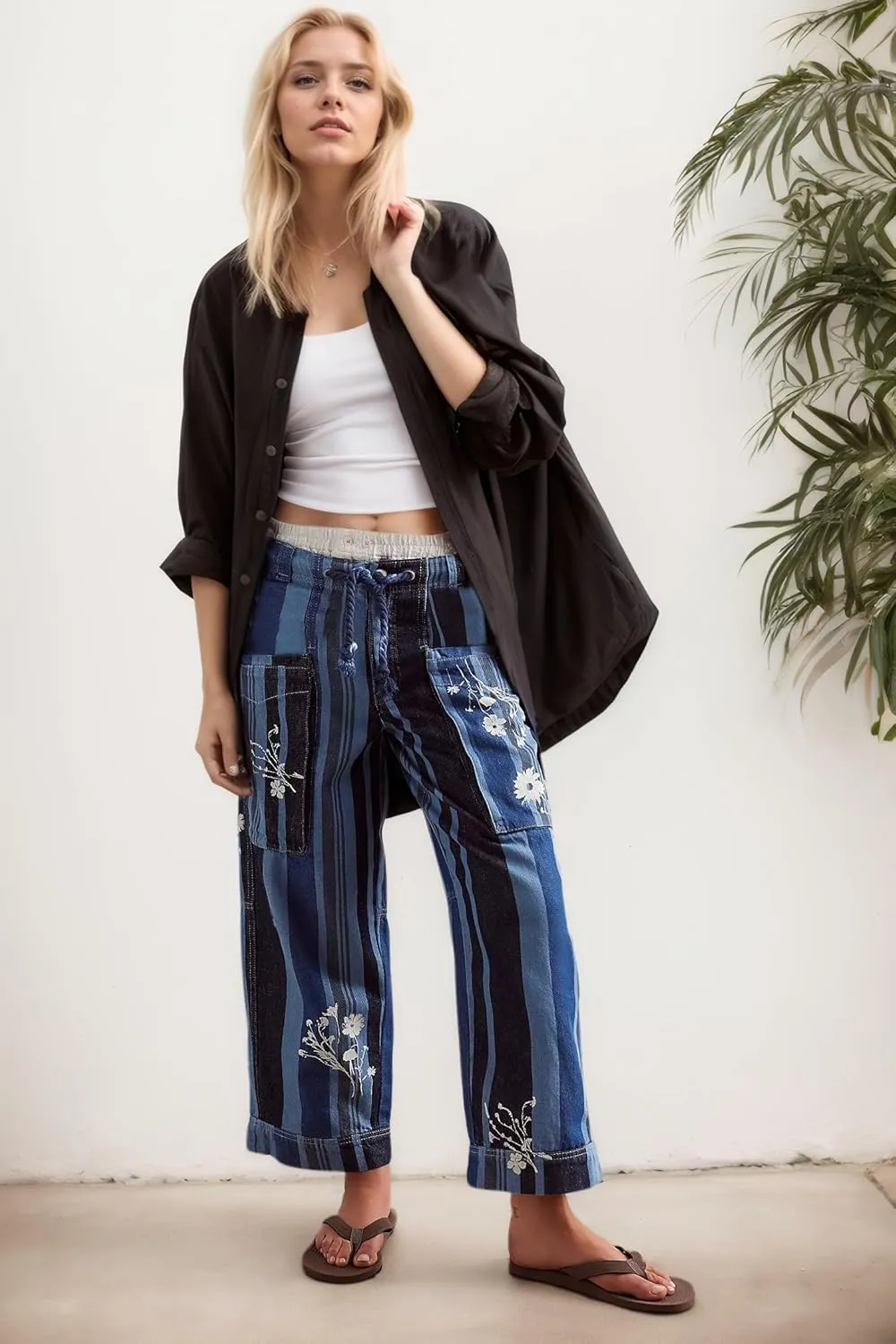 LifeShe Striped Pants Women Floral Printed Wide Straight Leg Lounge Pant Mid Rise Drawstring Cropped Trousers