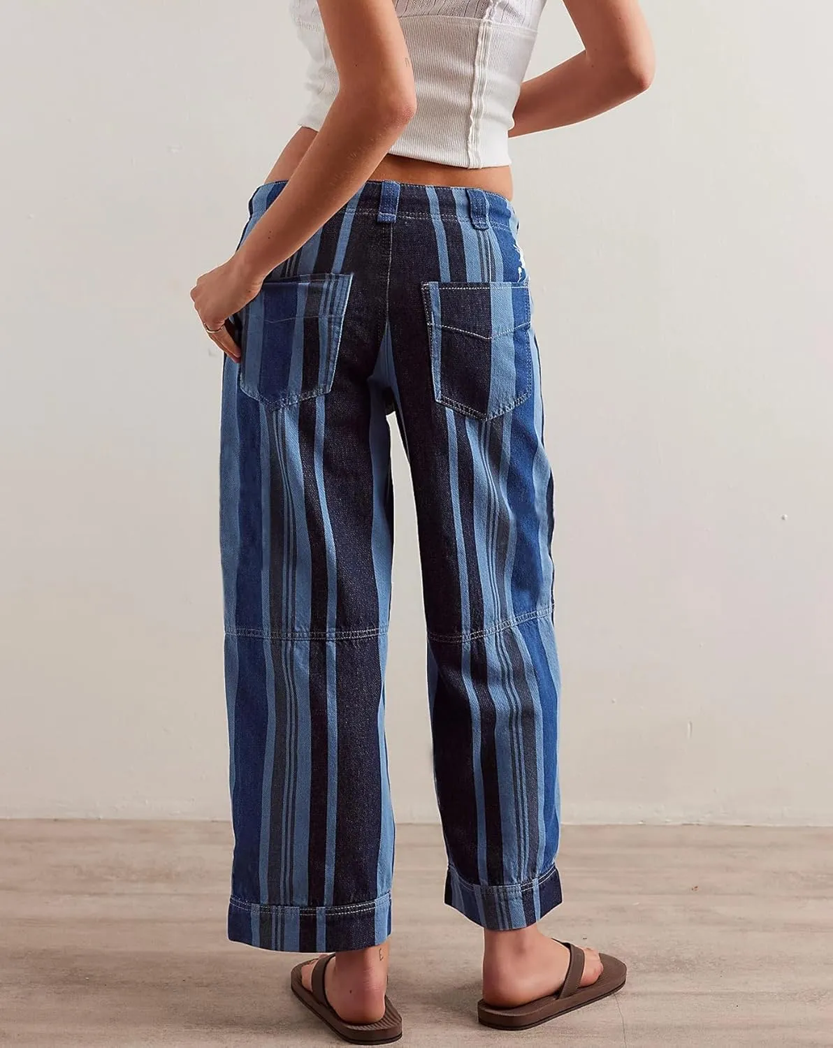 LifeShe Striped Pants Women Floral Printed Wide Straight Leg Lounge Pant Mid Rise Drawstring Cropped Trousers