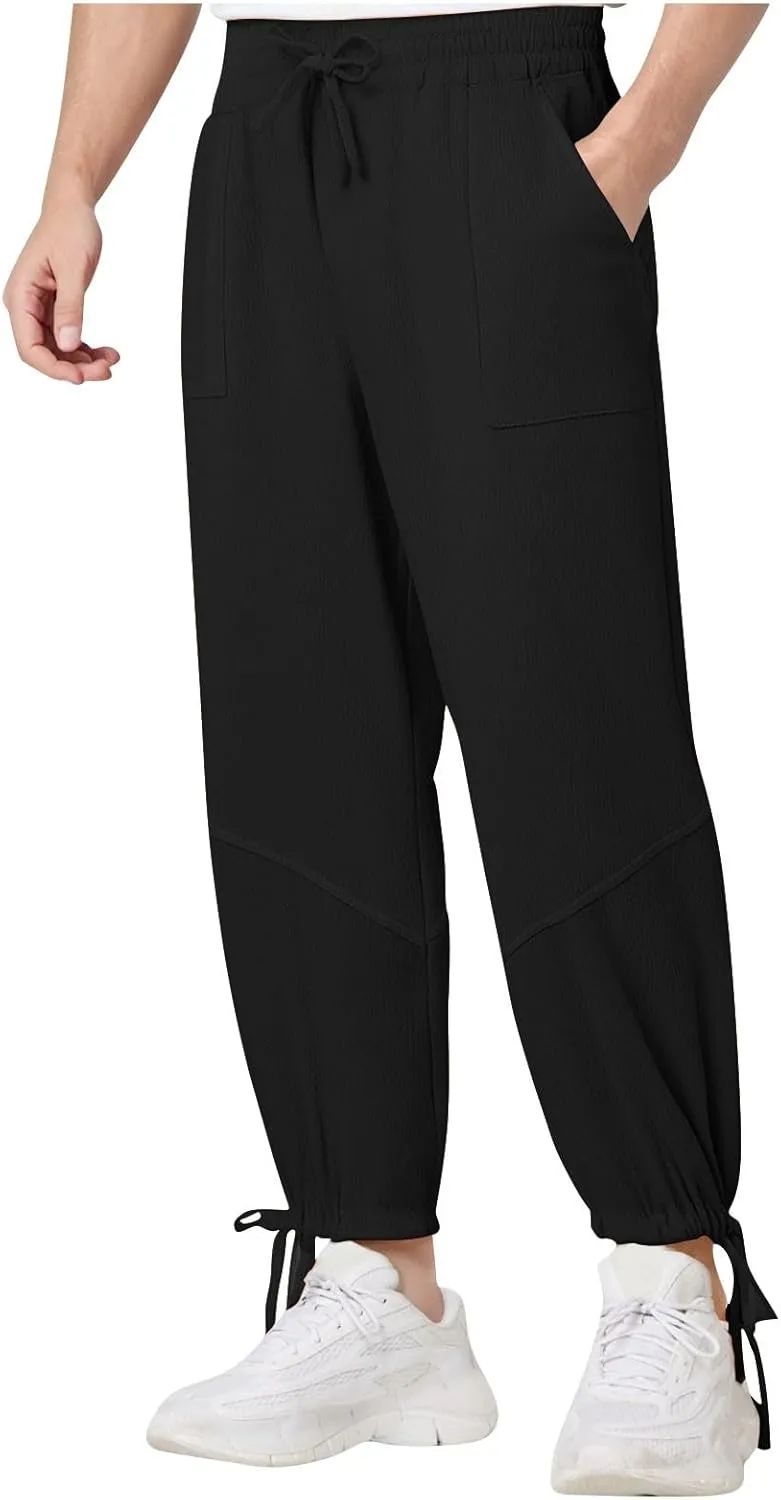Linen Baggy Harem Pants Men Lightweight Casual Drawstring Elastic Waisted Solid Palazzo Trousers with Pockets
