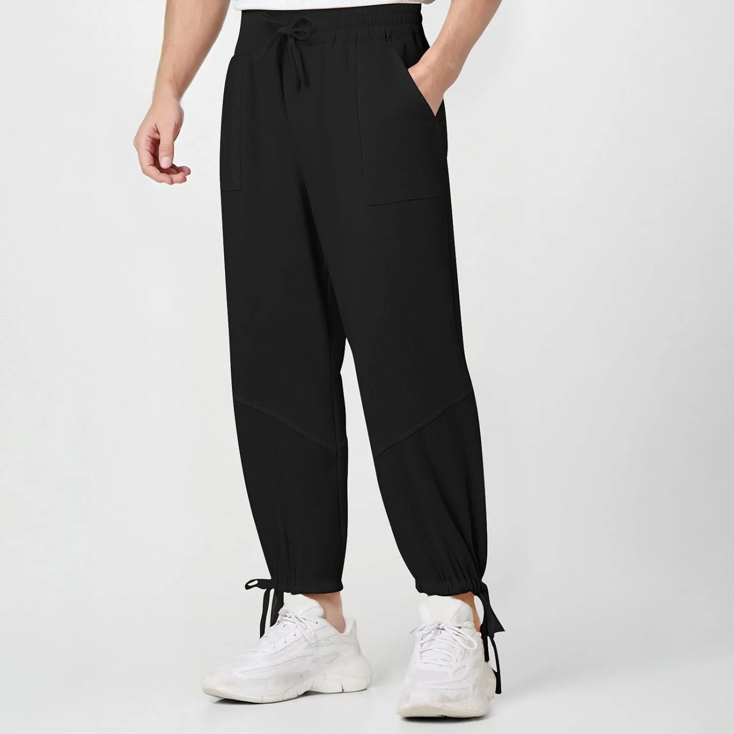 Linen Baggy Harem Pants Men Lightweight Casual Drawstring Elastic Waisted Solid Palazzo Trousers with Pockets
