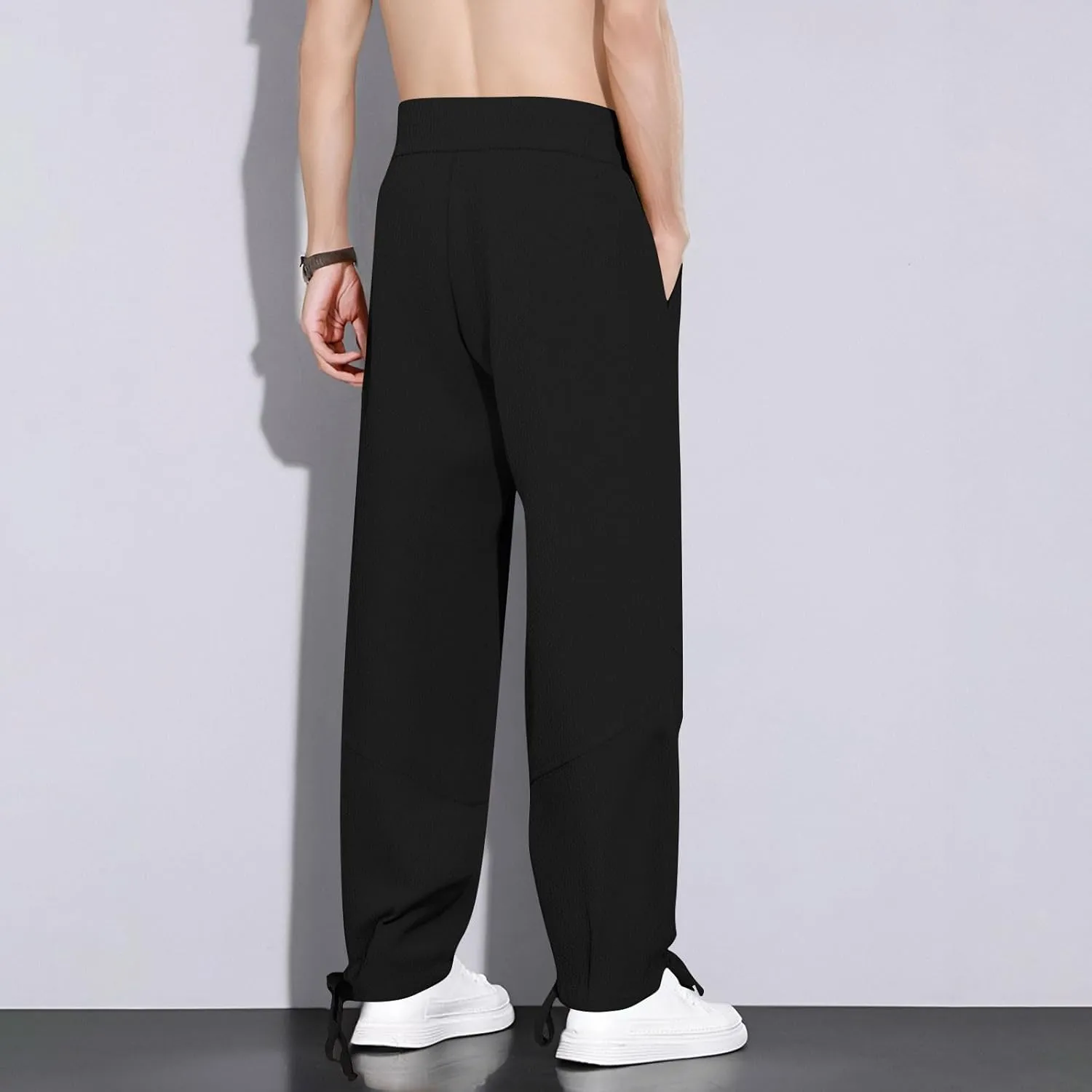 Linen Baggy Harem Pants Men Lightweight Casual Drawstring Elastic Waisted Solid Palazzo Trousers with Pockets