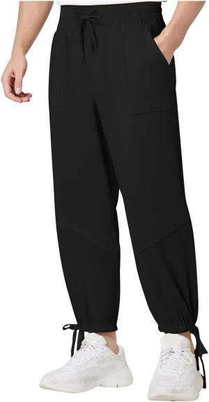 Linen Baggy Harem Pants Men Lightweight Casual Drawstring Elastic Waisted Solid Palazzo Trousers with Pockets