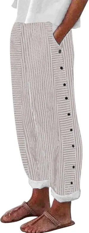 Linen Pants for Women Casual Pants Striped Side Button Plus Size Trendy Spring Summer Gauze Baggy Trousers with Pocket