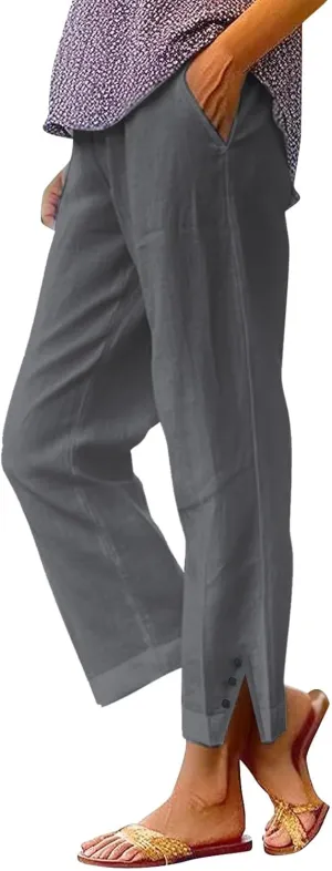 Linen Pants for Women Summer Elastic Waist Straight Leg Plus Size Crop Button Casual Beach Trousers with Pockets