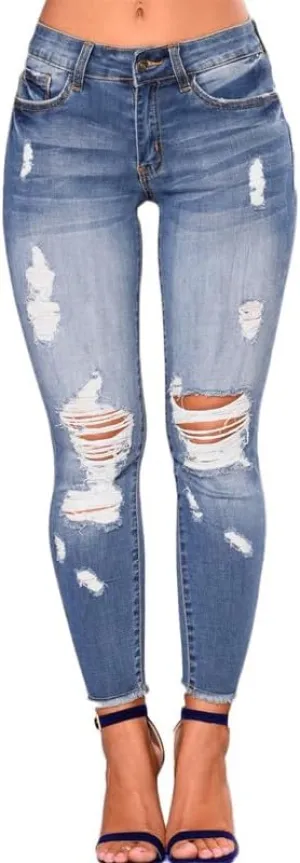 lonwick Andongnywell Women's Stretchy Ripped Hole Skinny Jeans Butt Lifting Distressed Denim Pants with Pockets Trousers
