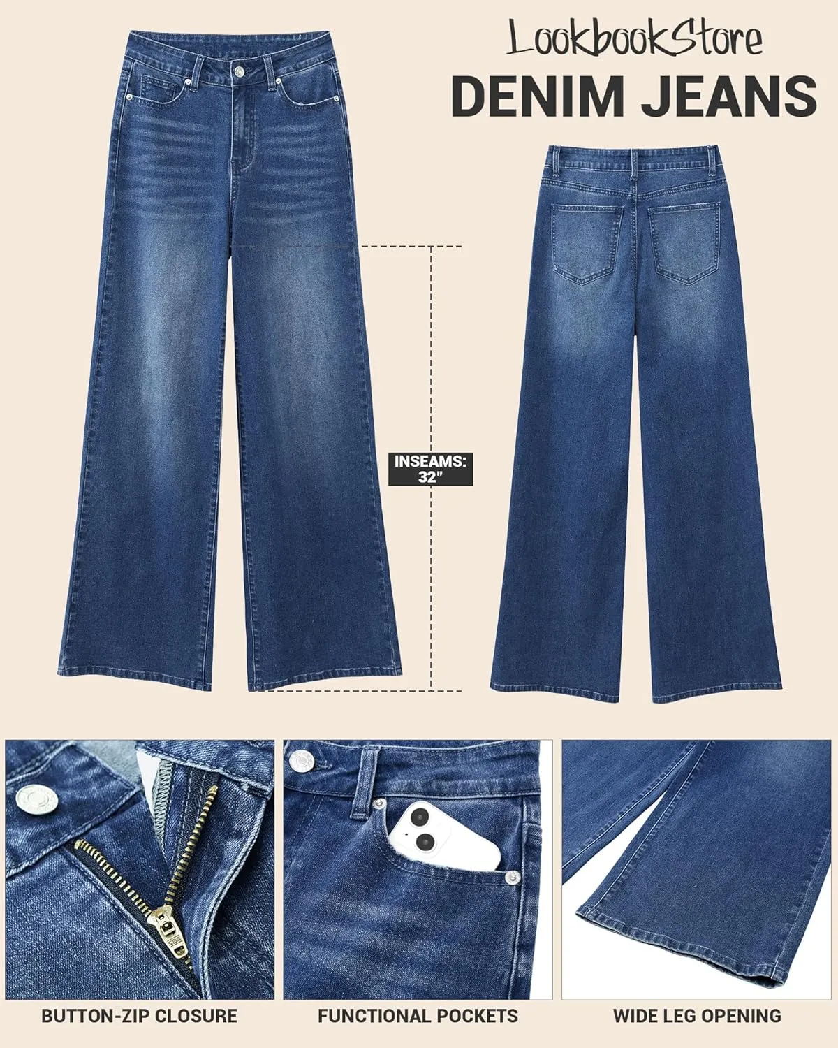 LookbookStore Wide Leg Jeans for Women High Waisted Stretchy Denim Jeans Fashion Baggy Trouser Jean Pants with Pockets