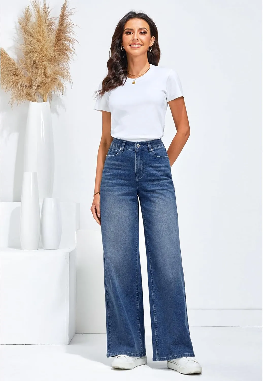 LookbookStore Wide Leg Jeans for Women High Waisted Stretchy Denim Jeans Fashion Baggy Trouser Jean Pants with Pockets