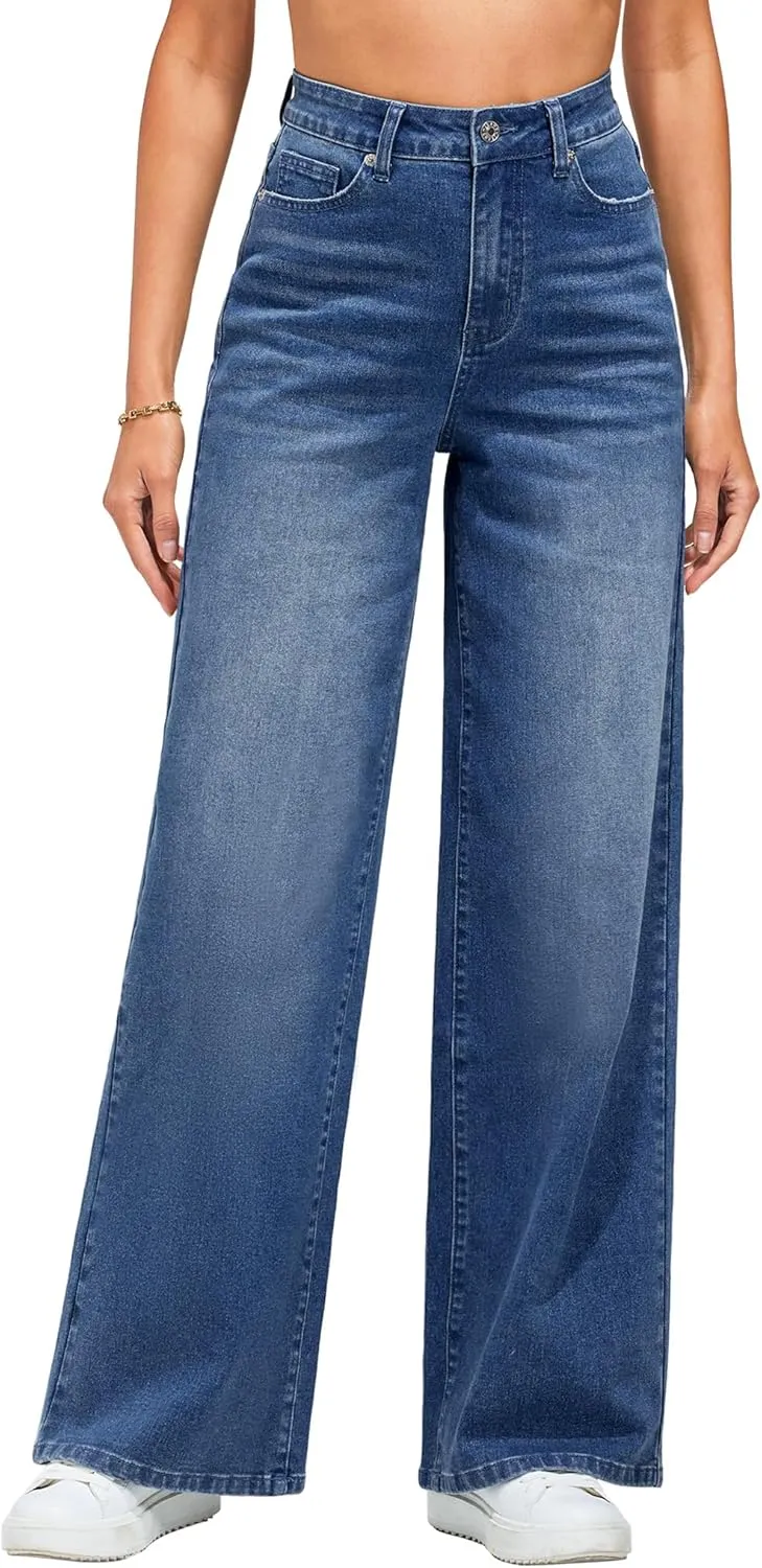 LookbookStore Wide Leg Jeans for Women High Waisted Stretchy Denim Jeans Fashion Baggy Trouser Jean Pants with Pockets