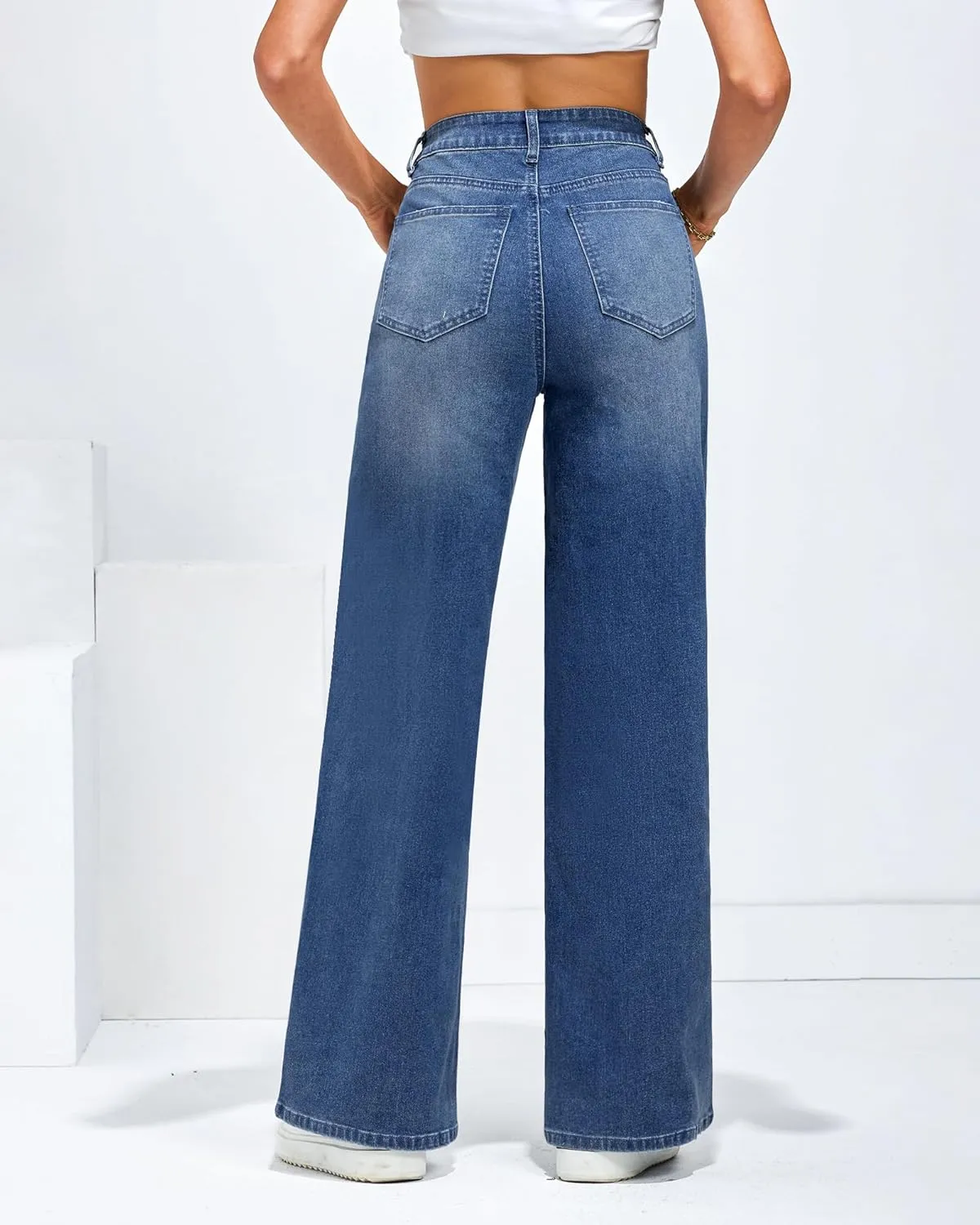 LookbookStore Wide Leg Jeans for Women High Waisted Stretchy Denim Jeans Fashion Baggy Trouser Jean Pants with Pockets