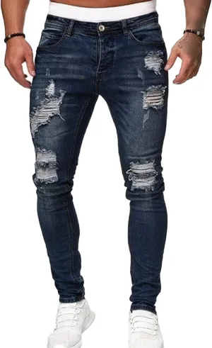 Maiyifu-GJ Men's Ripped Distressed Skinny Jeans Slim Fit Straight Leg Destroyed Denim Jean Washed Stretch Jean Trousers