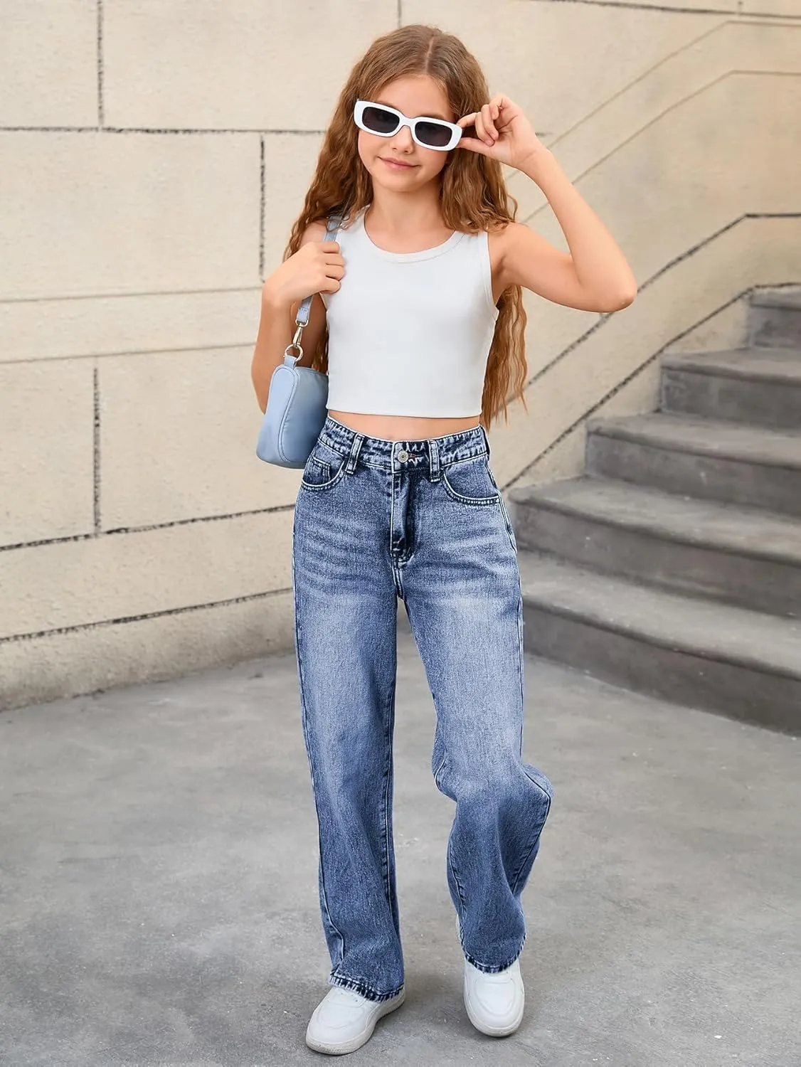 MakeMeChic Girl's Denim Pants High Waisted Straight Leg Jeans with Pockets