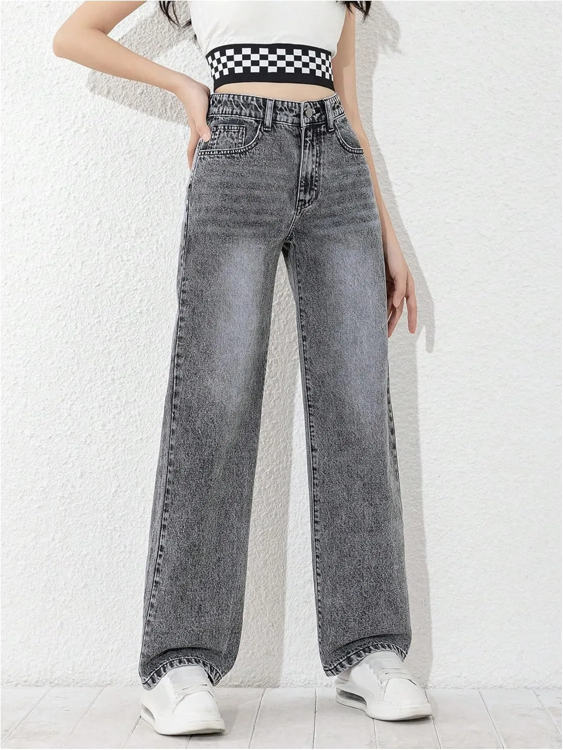 MakeMeChic Girl's Denim Pants High Waisted Straight Leg Jeans with Pockets