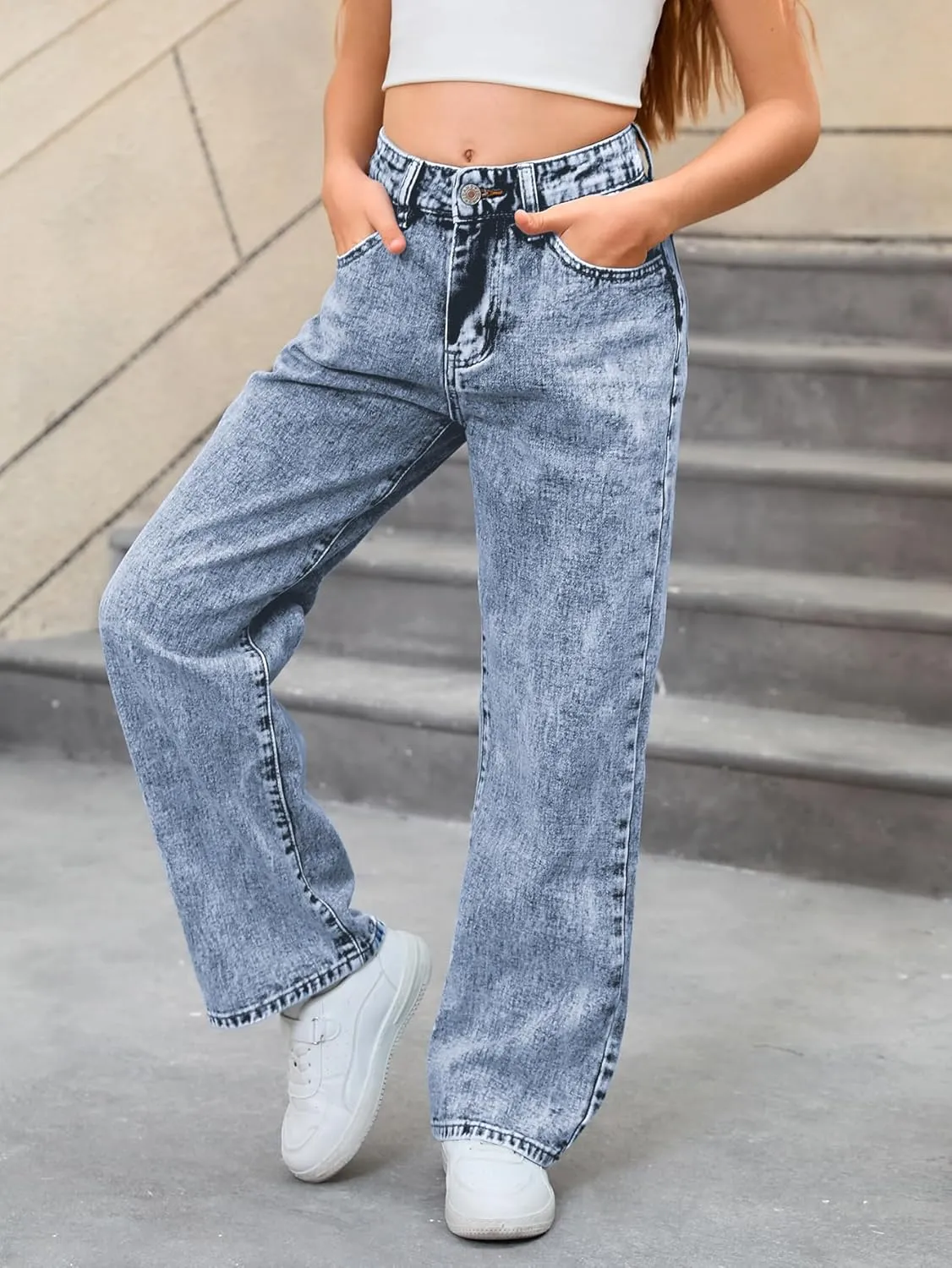 MakeMeChic Girl's Denim Pants High Waisted Straight Leg Jeans with Pockets