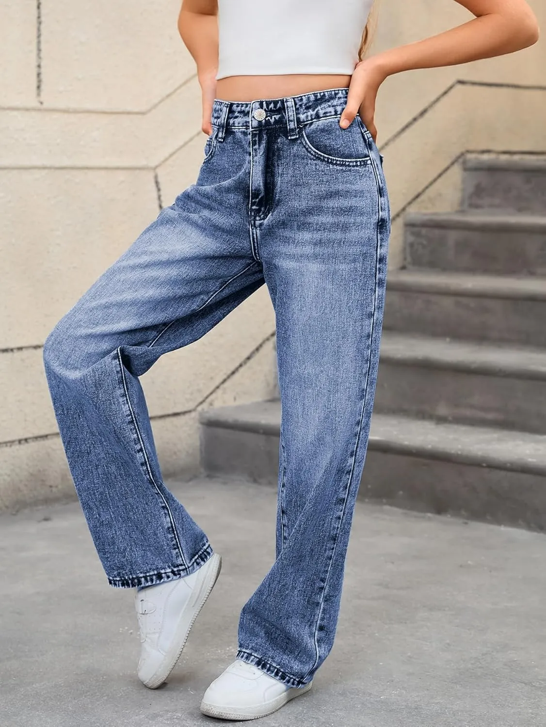 MakeMeChic Girl's Denim Pants High Waisted Straight Leg Jeans with Pockets