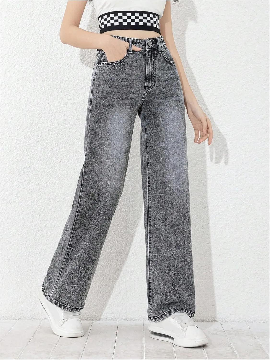 MakeMeChic Girl's Denim Pants High Waisted Straight Leg Jeans with Pockets