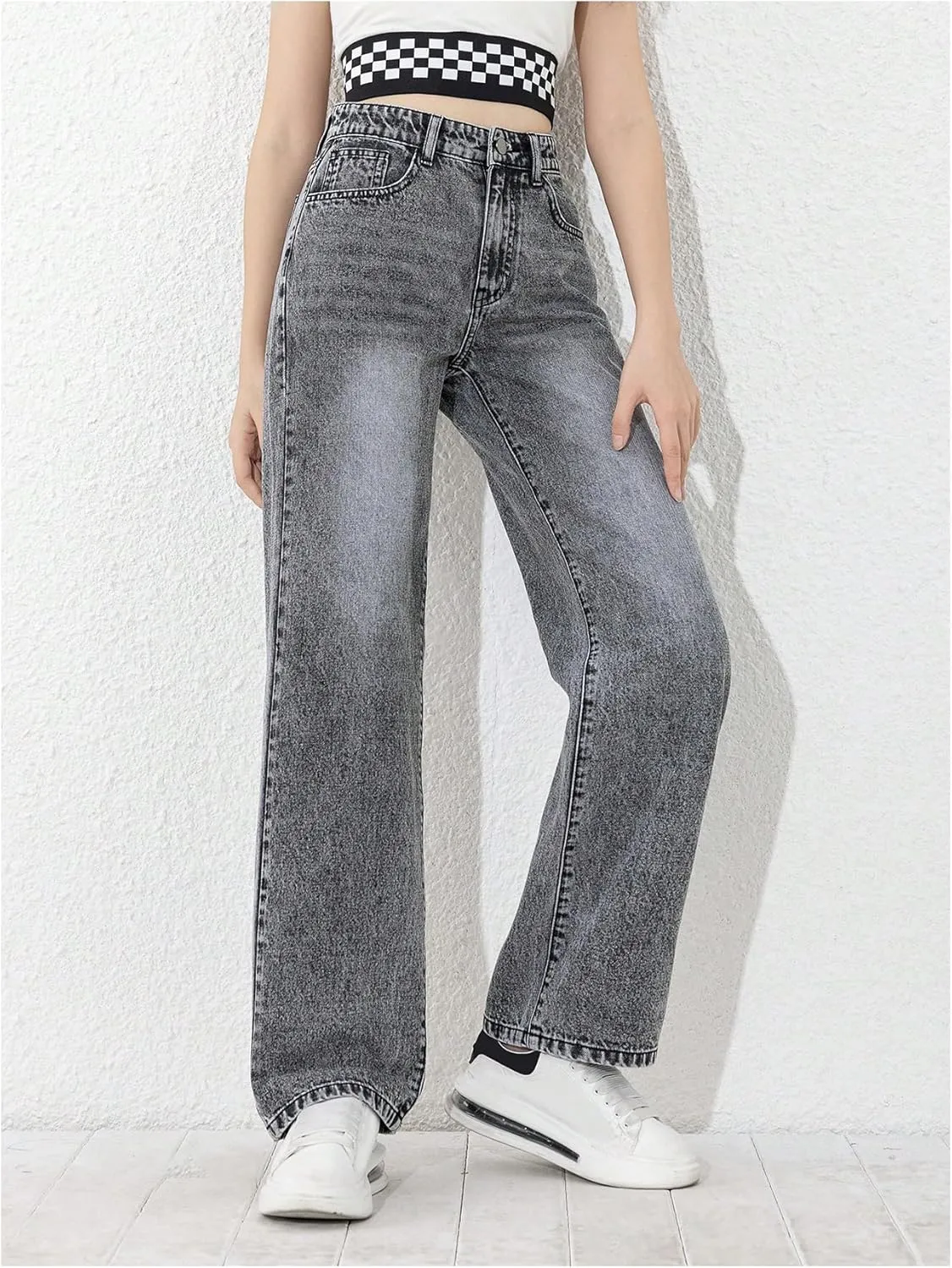 MakeMeChic Girl's Denim Pants High Waisted Straight Leg Jeans with Pockets