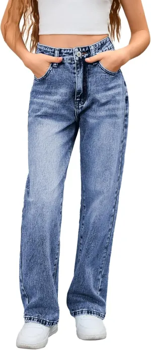 MakeMeChic Girl's Denim Pants High Waisted Straight Leg Jeans with Pockets