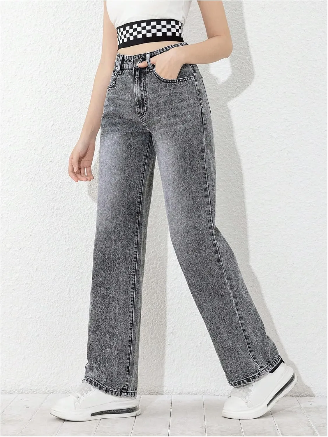 MakeMeChic Girl's Denim Pants High Waisted Straight Leg Jeans with Pockets