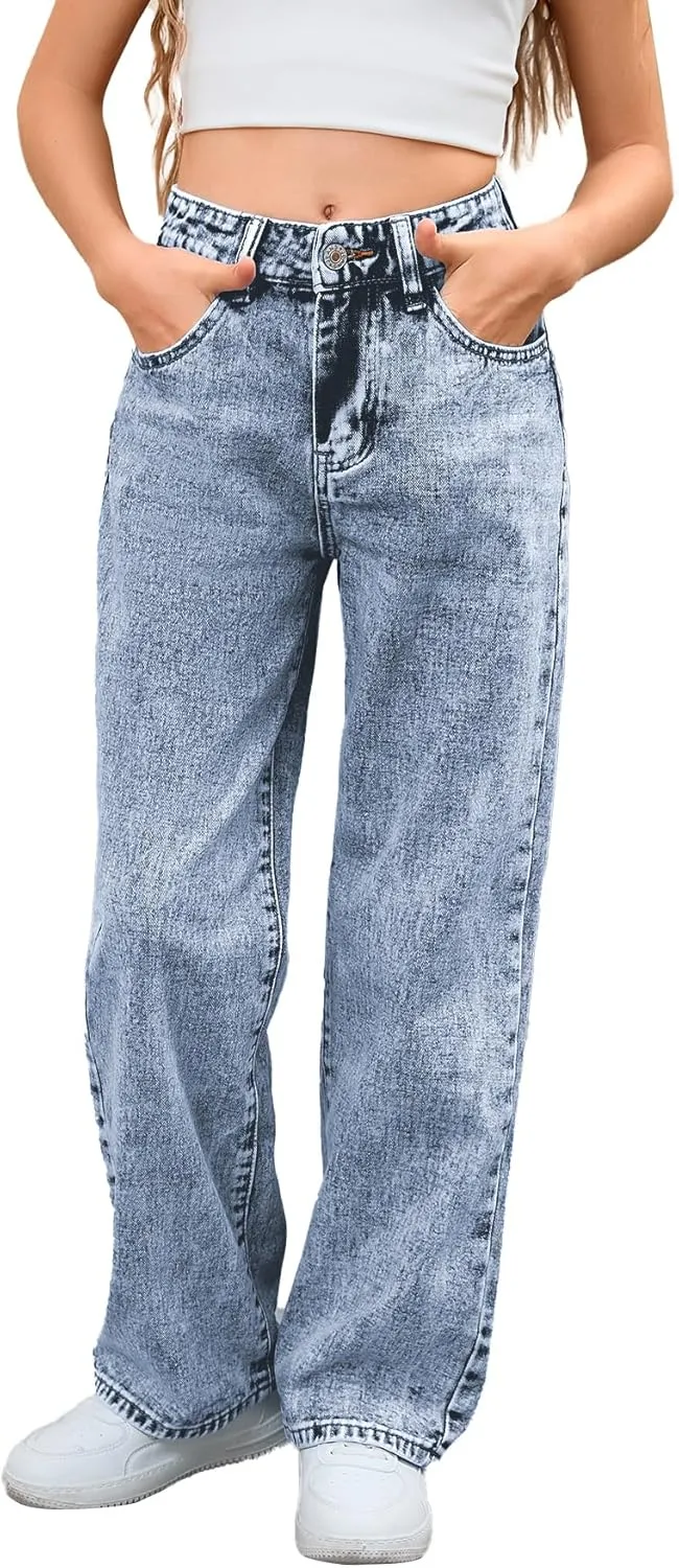 MakeMeChic Girl's Denim Pants High Waisted Straight Leg Jeans with Pockets
