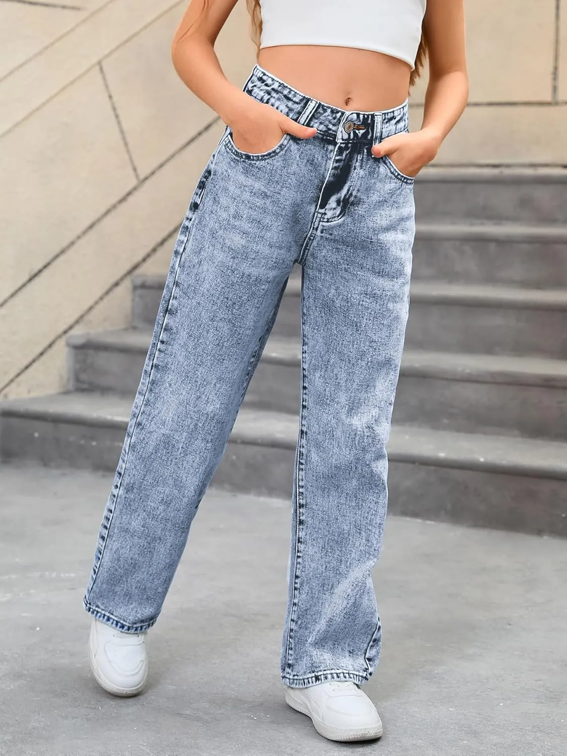 MakeMeChic Girl's Denim Pants High Waisted Straight Leg Jeans with Pockets