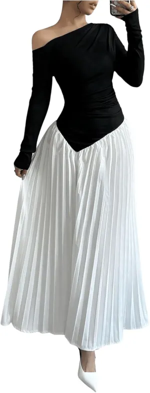 MakeMeChic Women's Elegant One Shoulder Ruched Maxi Dress Pleated Ruffle Hem Fit and Flare Dresses