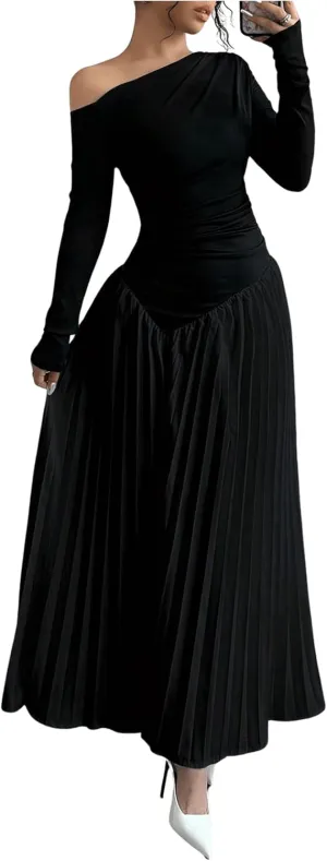 MakeMeChic Women's Elegant One Shoulder Ruched Maxi Dress Pleated Ruffle Hem Fit and Flare Dresses