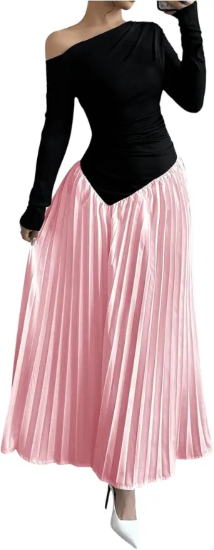 MakeMeChic Women's Elegant One Shoulder Ruched Maxi Dress Pleated Ruffle Hem Fit and Flare Dresses