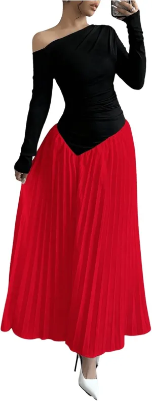 MakeMeChic Women's Elegant One Shoulder Ruched Maxi Dress Pleated Ruffle Hem Fit and Flare Dresses