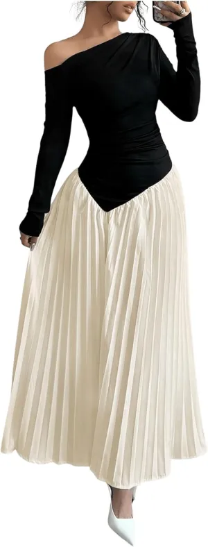 MakeMeChic Women's Elegant One Shoulder Ruched Maxi Dress Pleated Ruffle Hem Fit and Flare Dresses