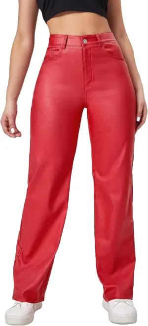 MakeMeChic Women's High Waist Pockets Straight Leg Jeans Leather Look Pants