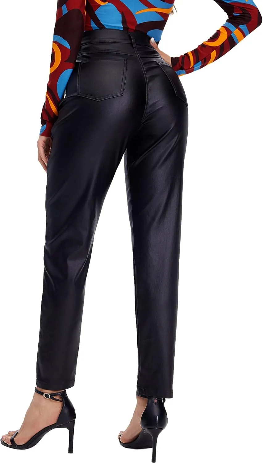 MakeMeChic Women's High Waist Pockets Straight Leg Jeans Leather Look Pants