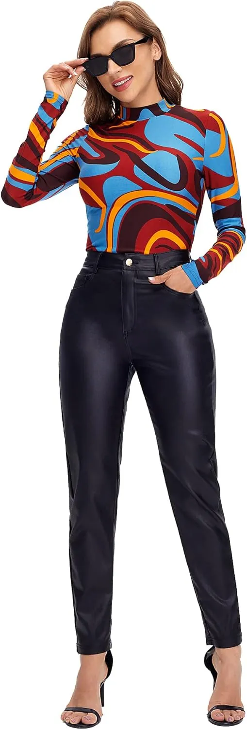 MakeMeChic Women's High Waist Pockets Straight Leg Jeans Leather Look Pants