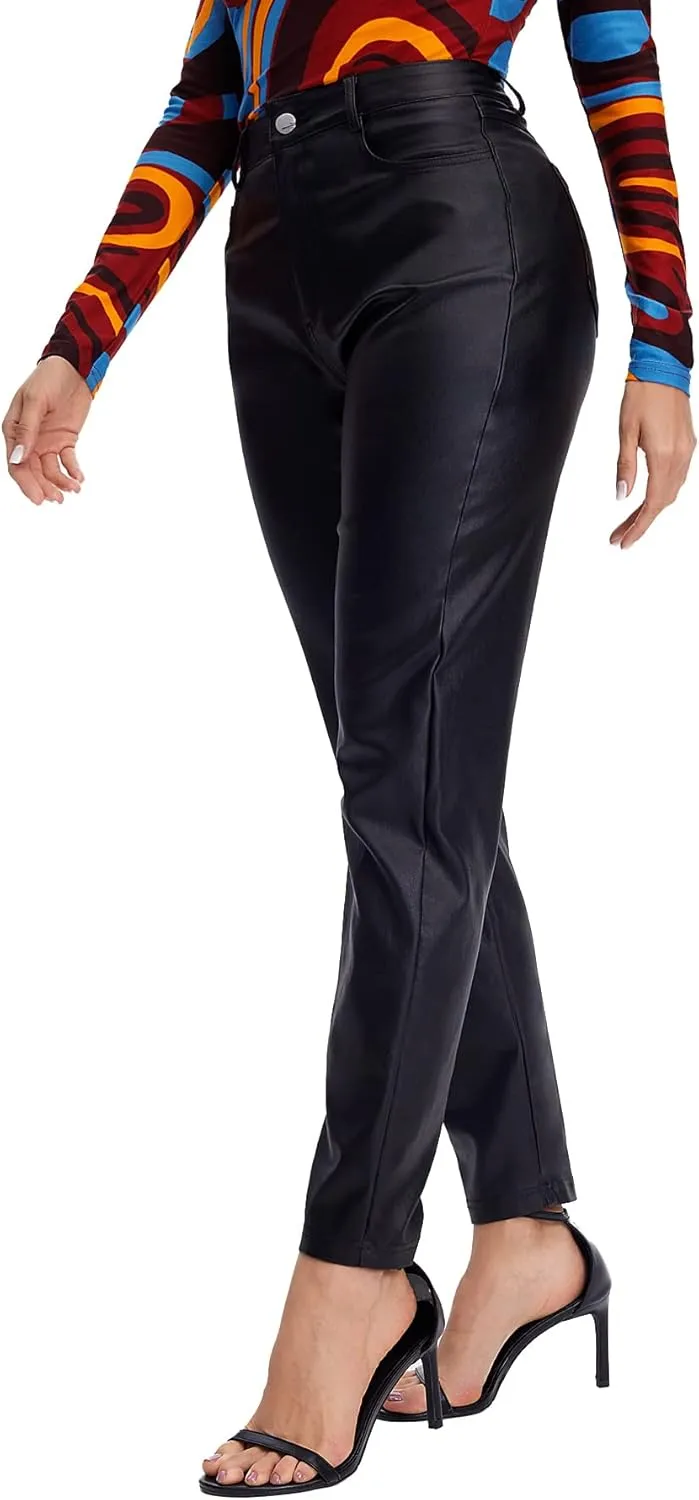 MakeMeChic Women's High Waist Pockets Straight Leg Jeans Leather Look Pants