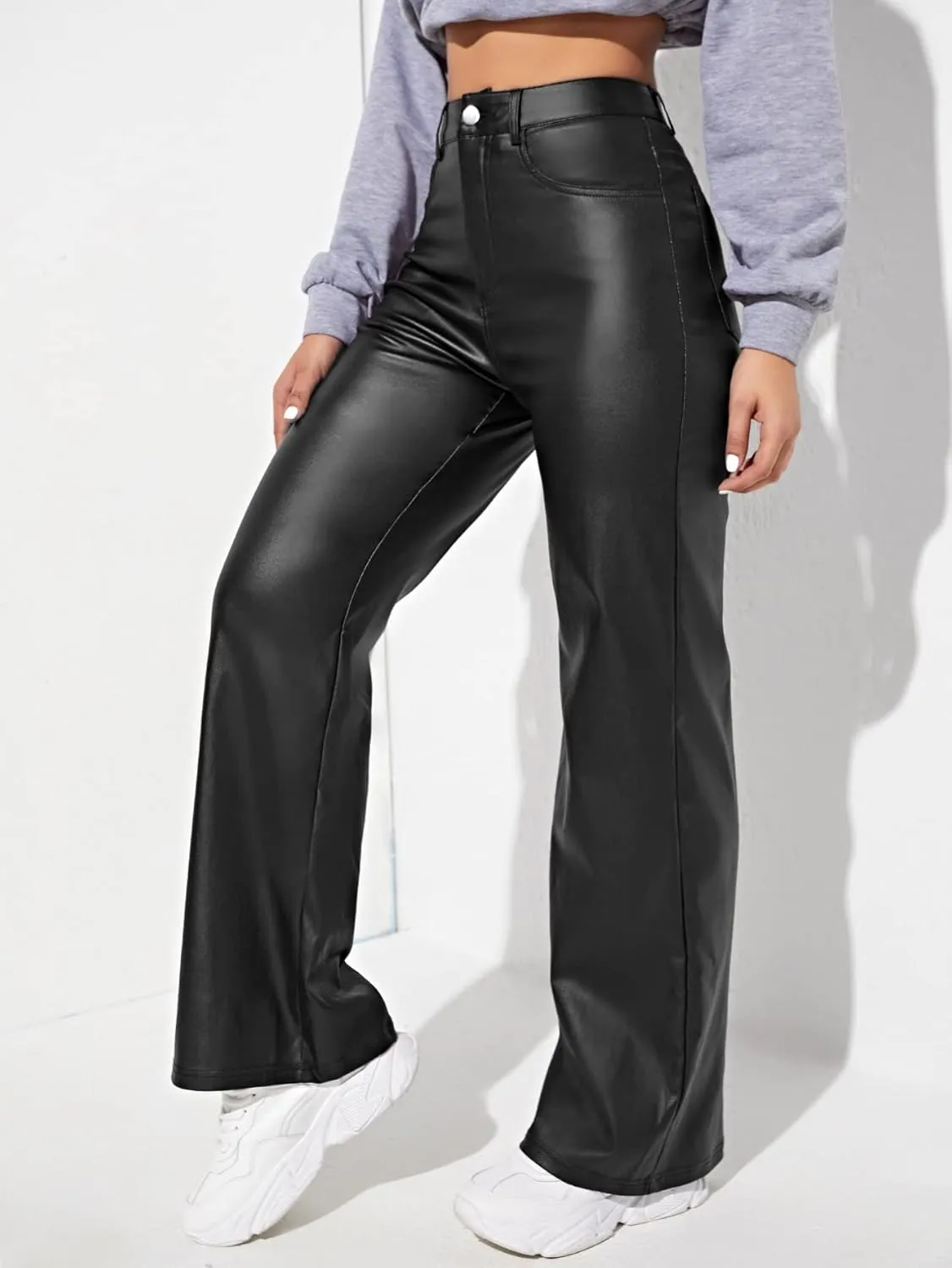 MakeMeChic Women's High Waist Pockets Straight Leg Jeans Leather Look Pants