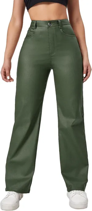 MakeMeChic Women's High Waist Pockets Straight Leg Jeans Leather Look Pants