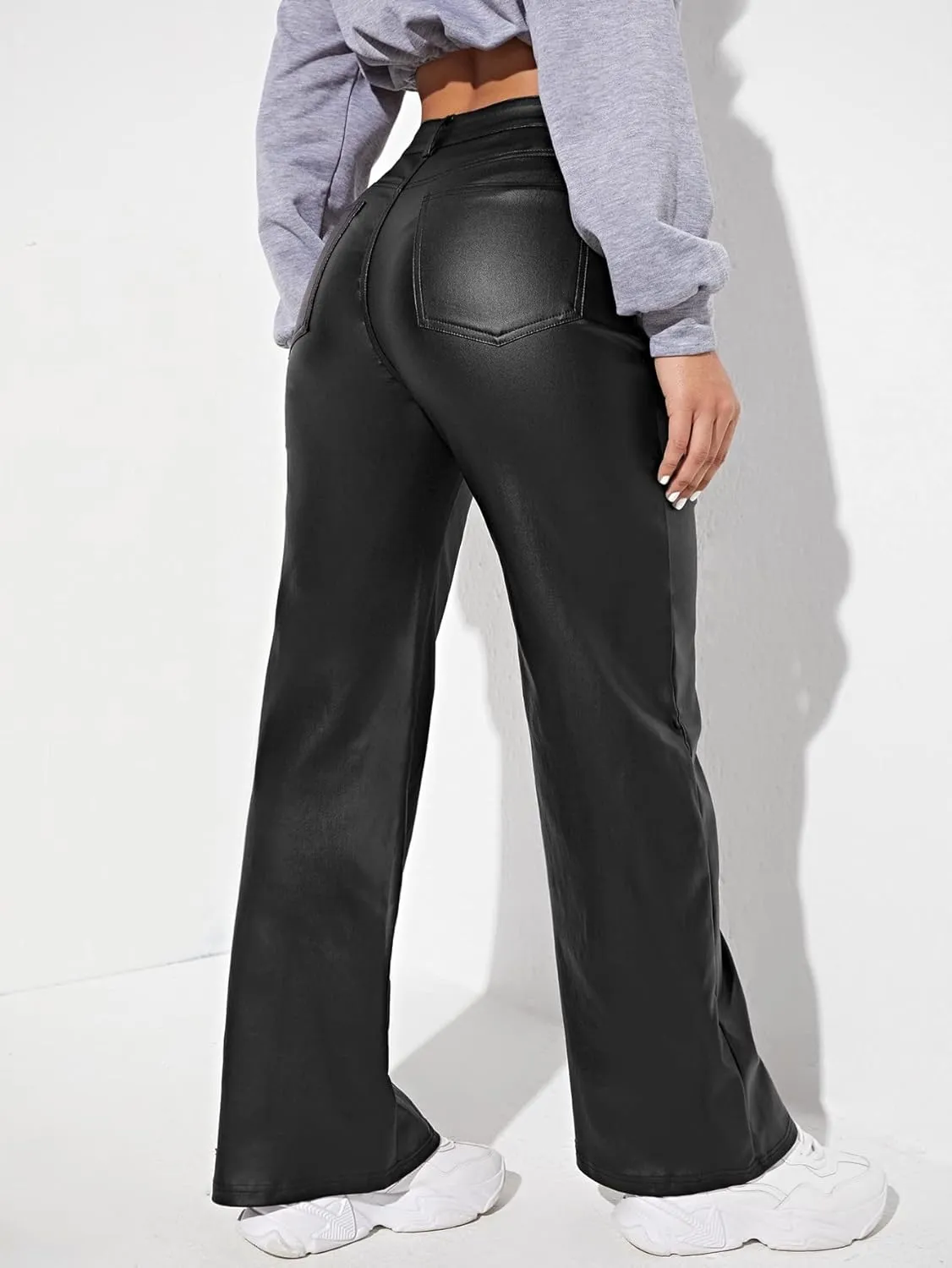 MakeMeChic Women's High Waist Pockets Straight Leg Jeans Leather Look Pants