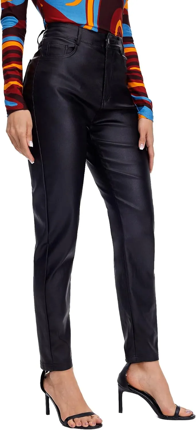 MakeMeChic Women's High Waist Pockets Straight Leg Jeans Leather Look Pants