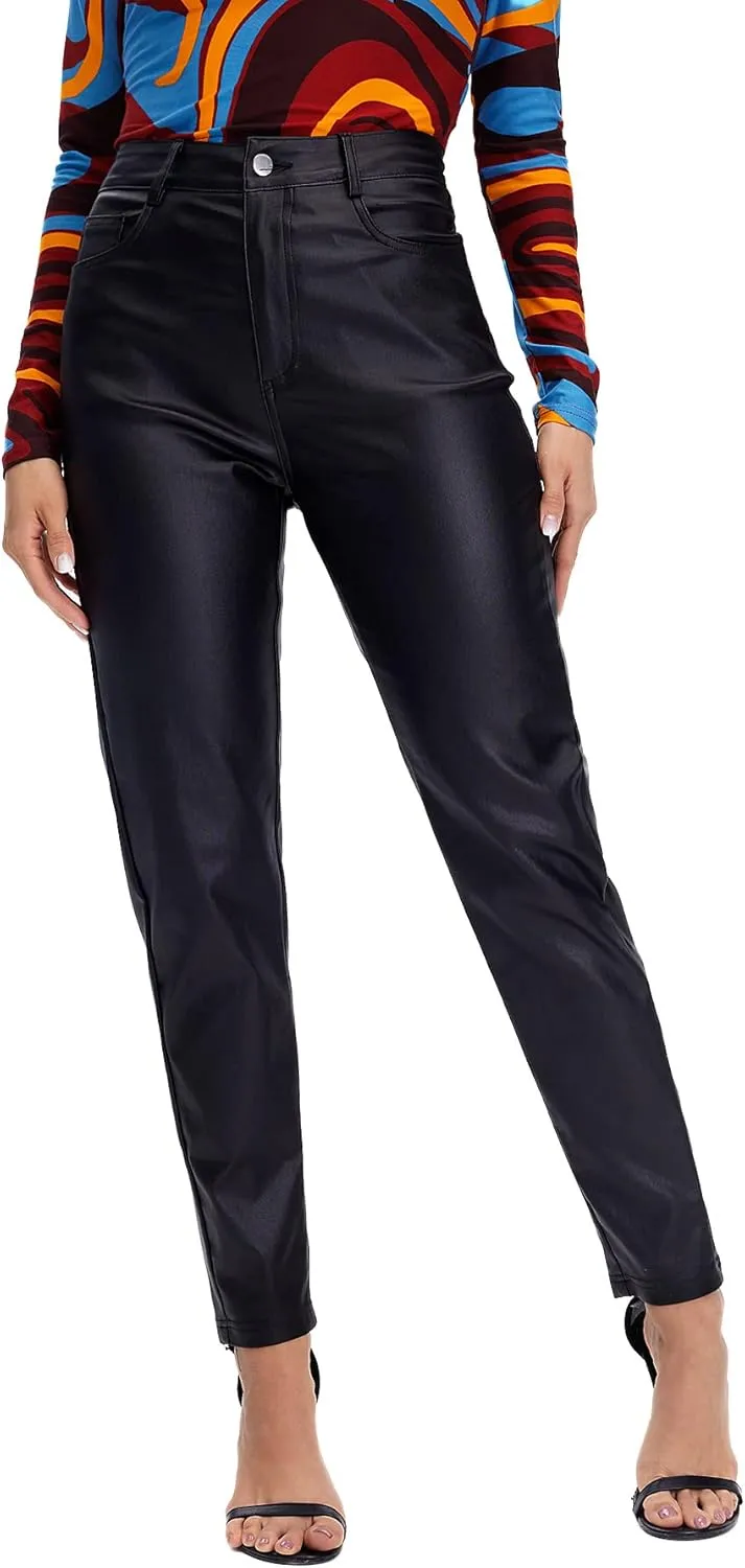 MakeMeChic Women's High Waist Pockets Straight Leg Jeans Leather Look Pants