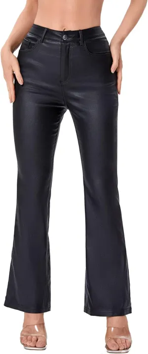 MakeMeChic Women's High Waist Pockets Straight Leg Jeans Leather Look Pants