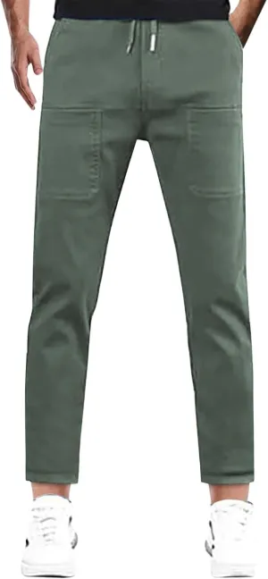 Men Cargo Pants Elastic Waist Summer Trendy Work Pants Outdoor Casual Plain Straight Leg Trousers with Muti Pockets