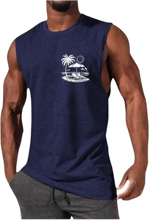 Mens 3D Tank Tops Summer Loose Fit Graphic Sleeveless T-Shirt Tropical Beach Vintage Shirts Casual Workout Muscle Tee