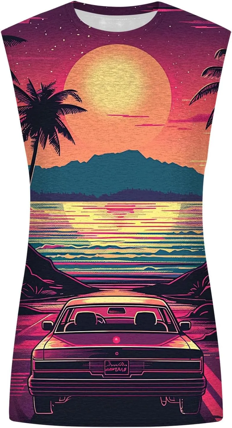 Mens 3D Tank Tops Summer Loose Fit Graphic Sleeveless T-Shirt Tropical Beach Vintage Shirts Casual Workout Muscle Tee